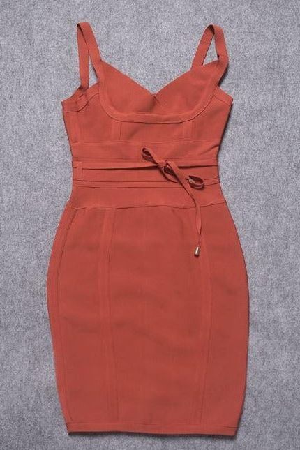 Woman wearing a figure flattering Bek Bandage Dress - Deep Tan Brown Bodycon Collection