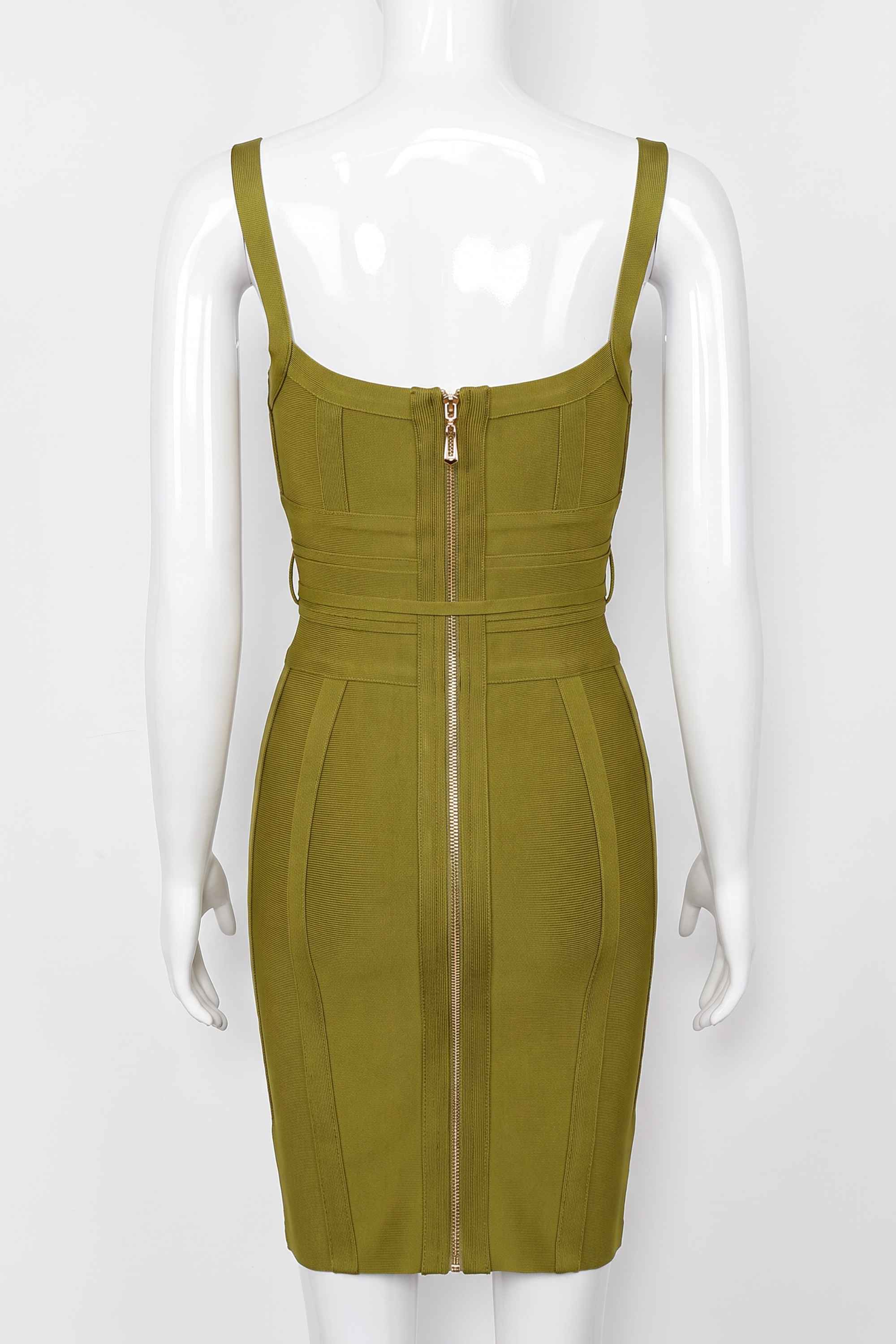 Woman wearing a figure flattering Bek Bandage Dress - Olive Green Bodycon Collection