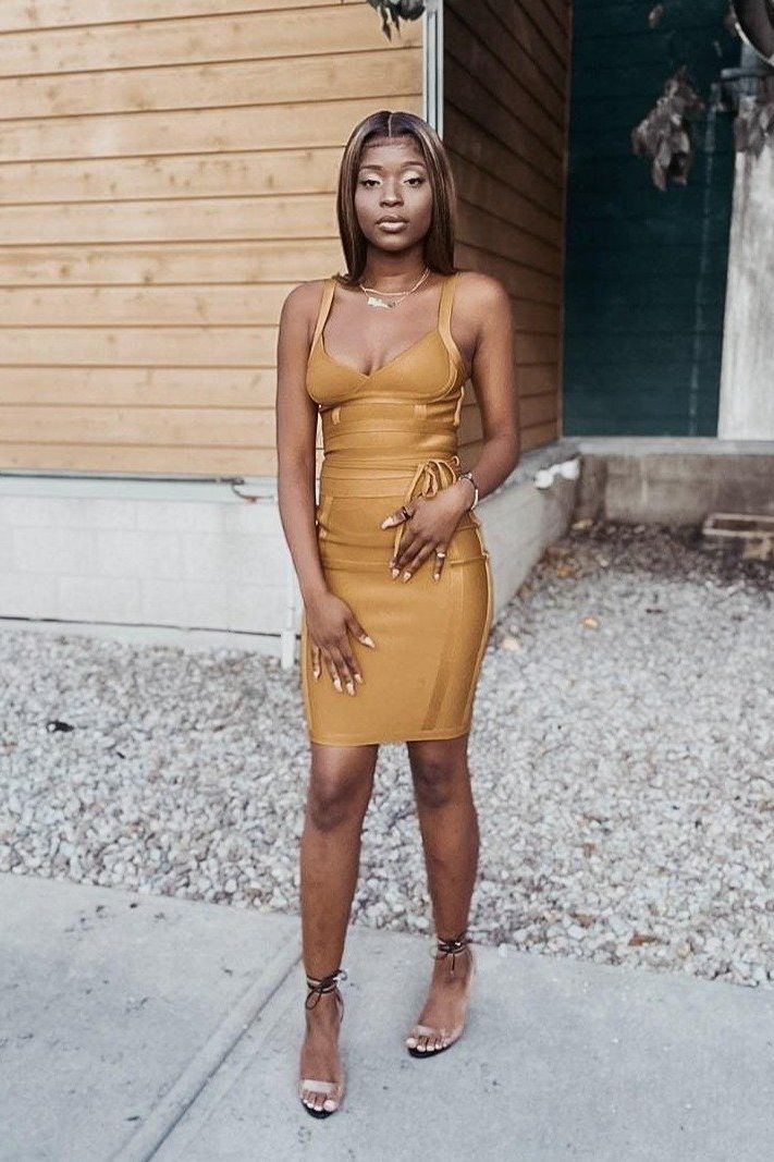 Woman wearing a figure flattering Bek Bandage Dress - Olive Green Bodycon Collection
