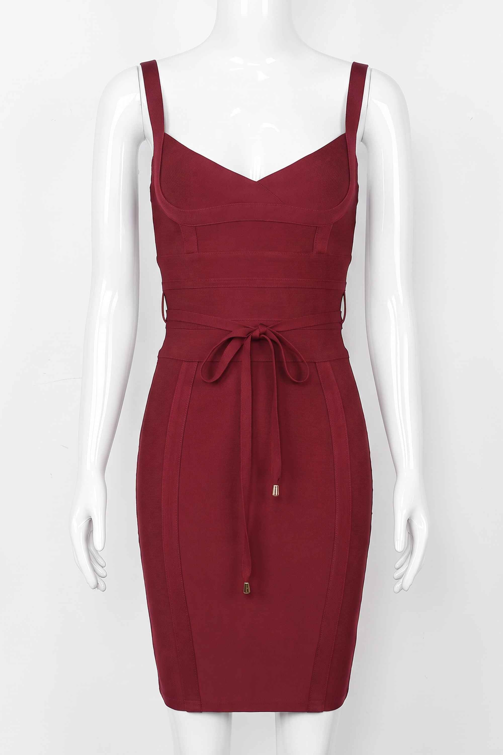 Woman wearing a figure flattering Bek Bandage Dress - Red Wine Bodycon Collection