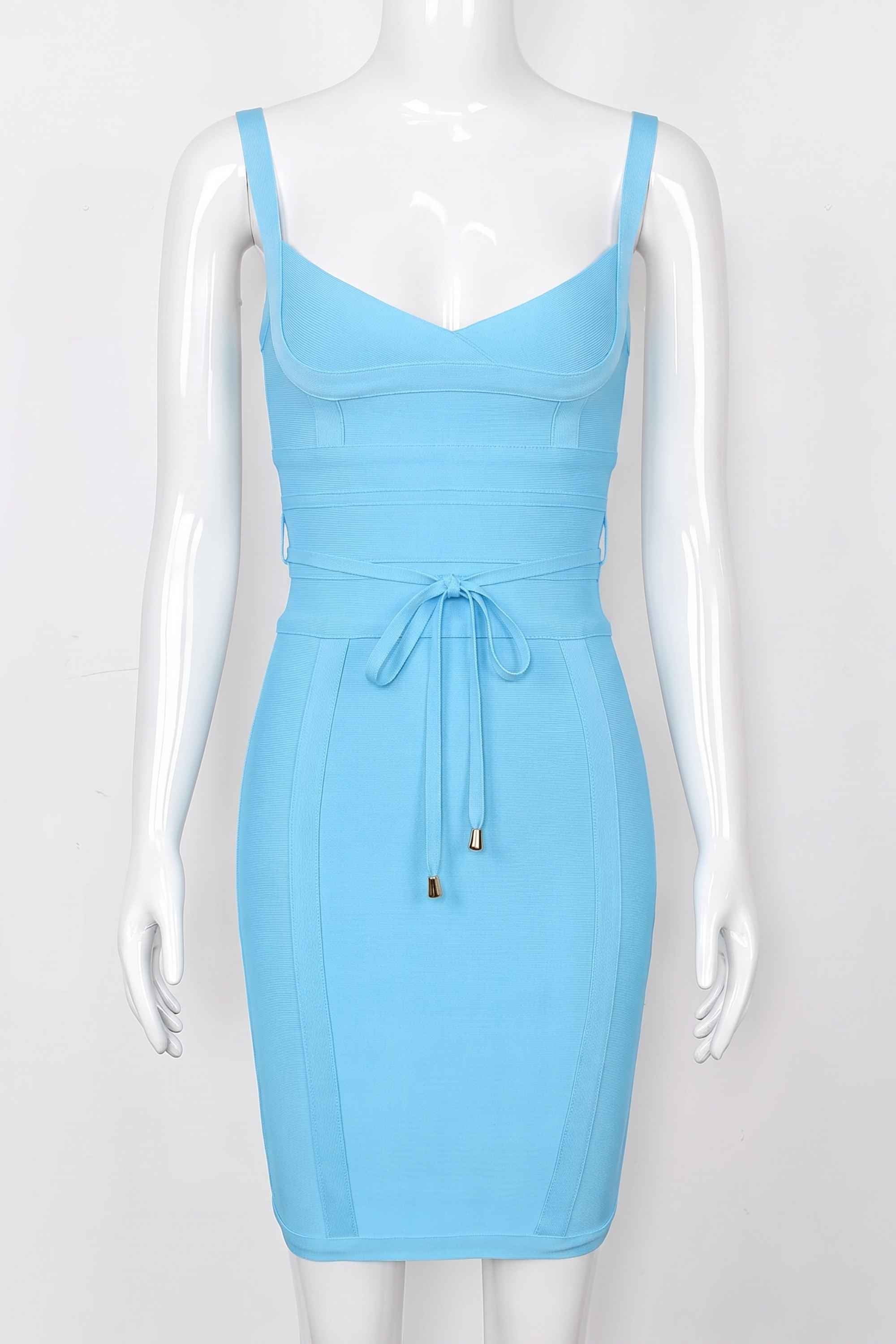 Woman wearing a figure flattering Bek Bandage Dress - Sky Blue Bodycon Collection