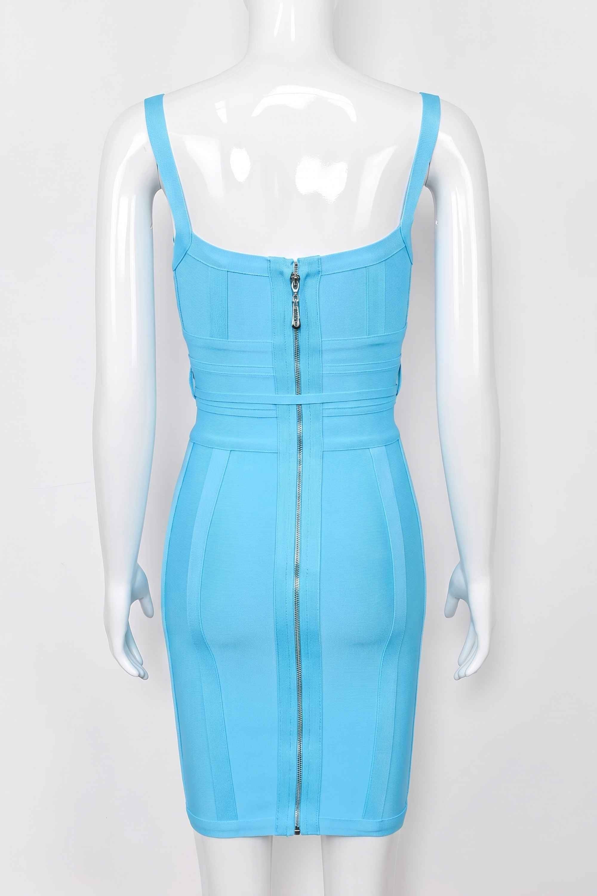 Woman wearing a figure flattering Bek Bandage Dress - Sky Blue Bodycon Collection