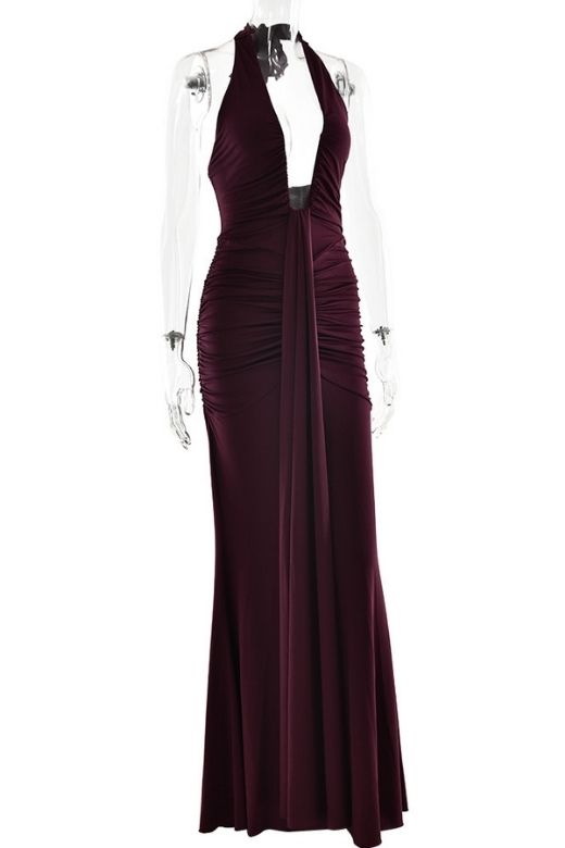 Woman wearing a figure flattering Bella Bodycon Wrap Maxi Dress - Red Wine BODYCON COLLECTION Pty Ltd
