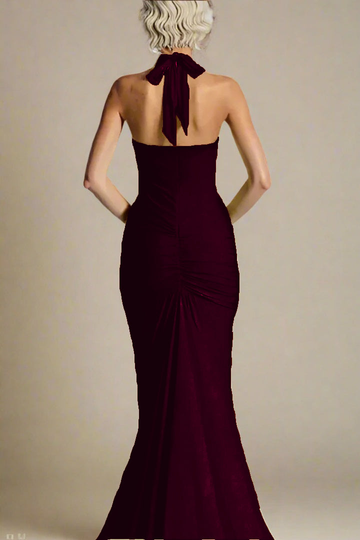 Woman wearing a figure flattering Bella Bodycon Wrap Maxi Dress - Red Wine BODYCON COLLECTION Pty Ltd