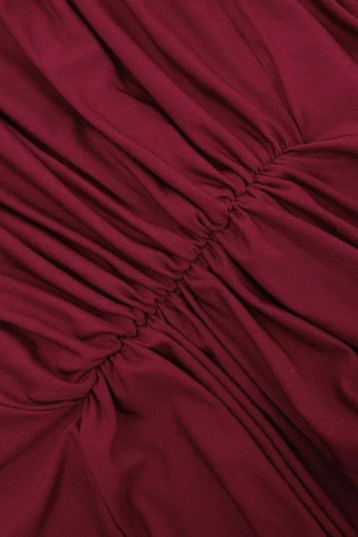 Woman wearing a figure flattering  Bella Bodycon Wrap Maxi Dress - Red Wine BODYCON COLLECTION Pty Ltd