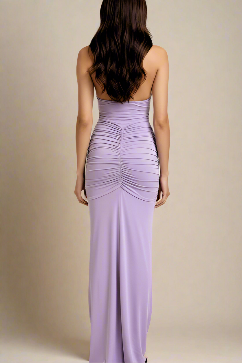Woman wearing a figure flattering Bella Bodycon Wrap Maxi Dress - Violet BODYCON COLLECTION Pty Ltd