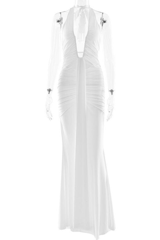 Woman wearing a figure flattering  Bella Bodycon Wrap Maxi Dress - White Pearl BODYCON COLLECTION Pty Ltd