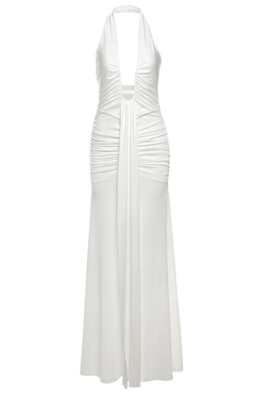 Woman wearing a figure flattering Bella Bodycon Wrap Maxi Dress - White Pearl BODYCON COLLECTION Pty Ltd