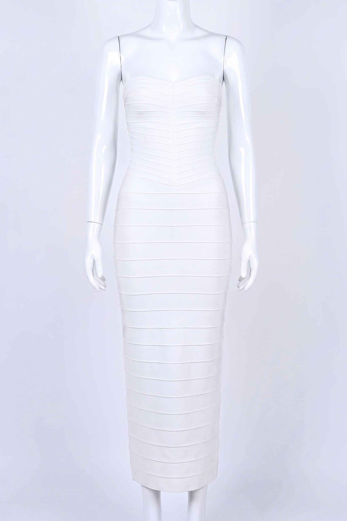 Woman wearing a figure flattering Belle Bandage Maxi Dress - White Pearl BODYCON COLLECTION Pty Ltd