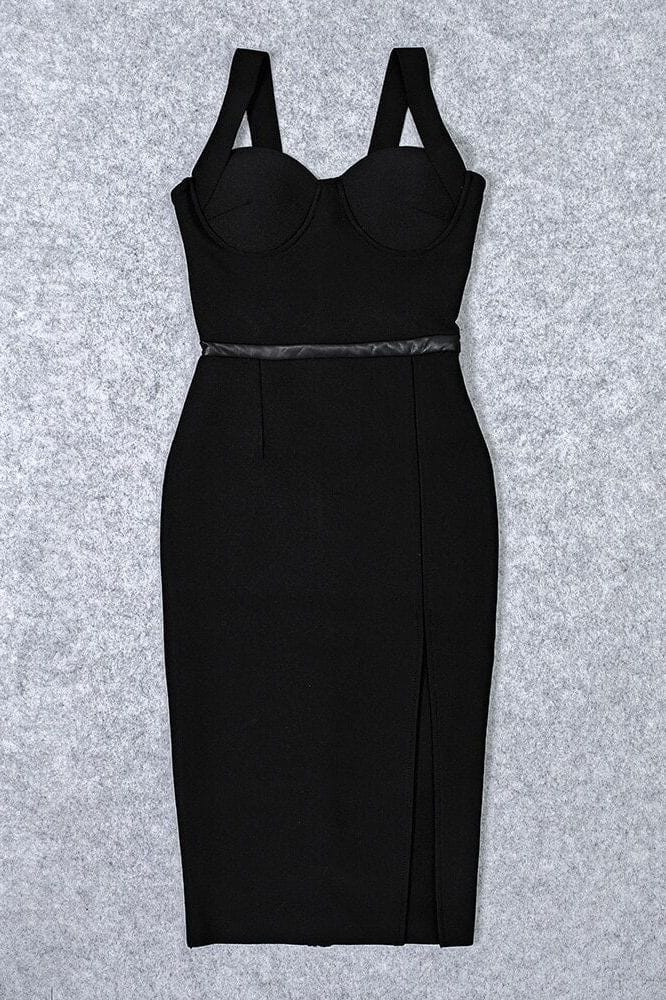 Woman wearing a figure flattering  Beth Bandage Corset Dress - Classic Black BODYCON COLLECTION