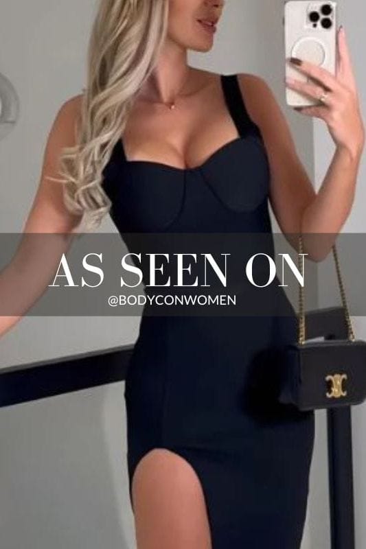 Woman wearing a figure flattering  Beth Bandage Corset Dress - Classic Black BODYCON COLLECTION
