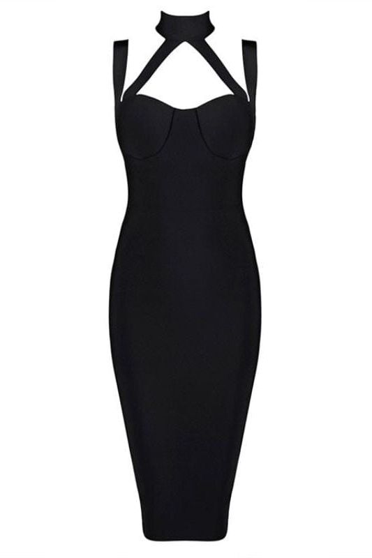 Woman wearing a figure flattering Bianca Bodycon Midi Dress - Classic Black BODYCON COLLECTION