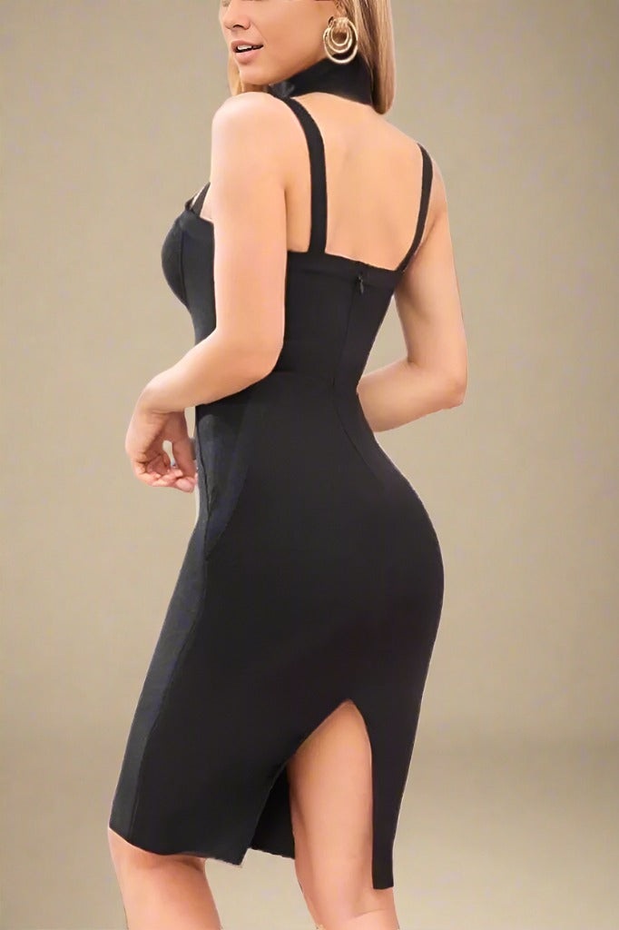 Woman wearing a figure flattering Bianca Bodycon Midi Dress - Classic Black BODYCON COLLECTION
