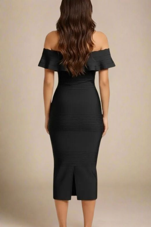 Woman wearing a figure flattering Billie Bandage Midi Dress - Classic Black Bodycon Collection