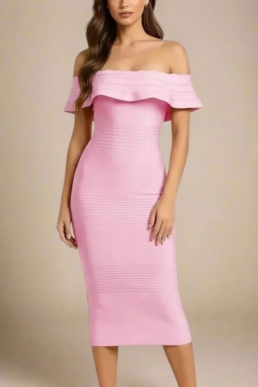 Woman wearing a figure flattering Billie Bandage Midi Dress - Dusty Pink Bodycon Collection