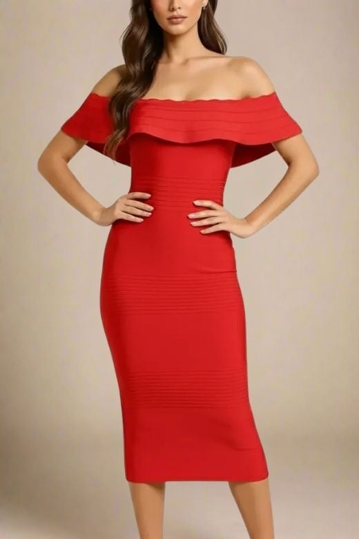Woman wearing a figure flattering Billie Bandage Midi Dress - Lipstick Red Bodycon Collection