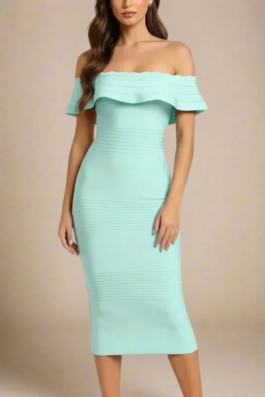 Woman wearing a figure flattering Billie Bandage Midi Dress - Mint Green Bodycon Collection
