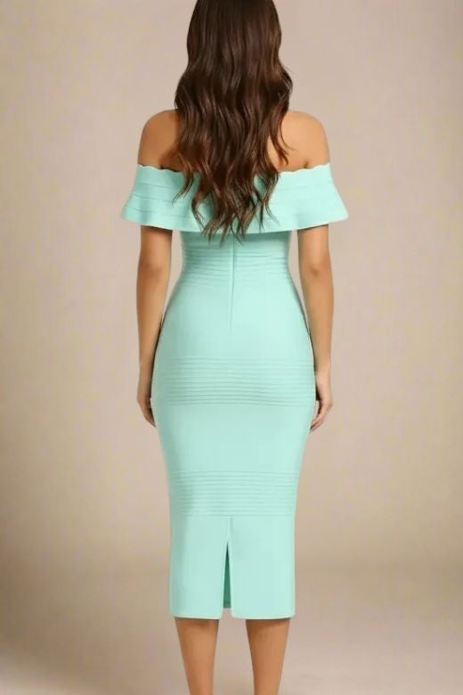Woman wearing a figure flattering Billie Bandage Midi Dress - Mint Green Bodycon Collection