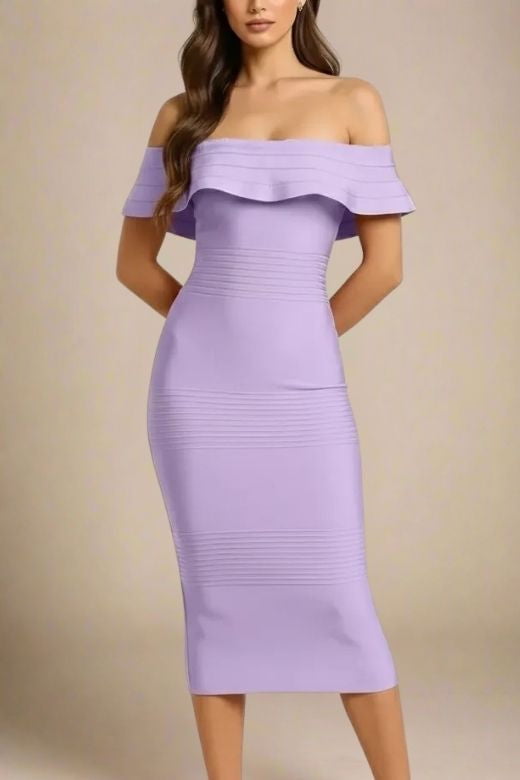 Woman wearing a figure flattering Billie Bandage Midi Dress - Violet Purple Bodycon Collection