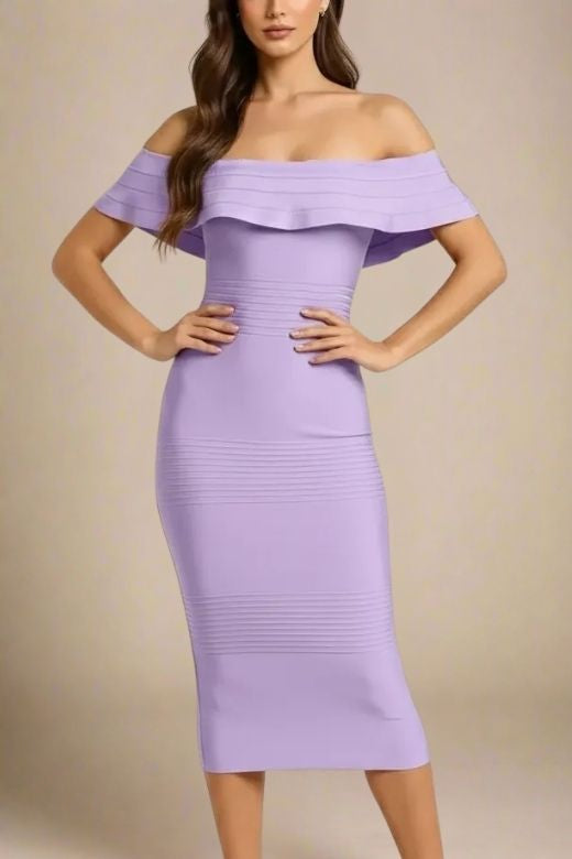 knee length dresses for ladies Billie Puff Sleeve Textured Midi Dress – Love, Odette main image 1