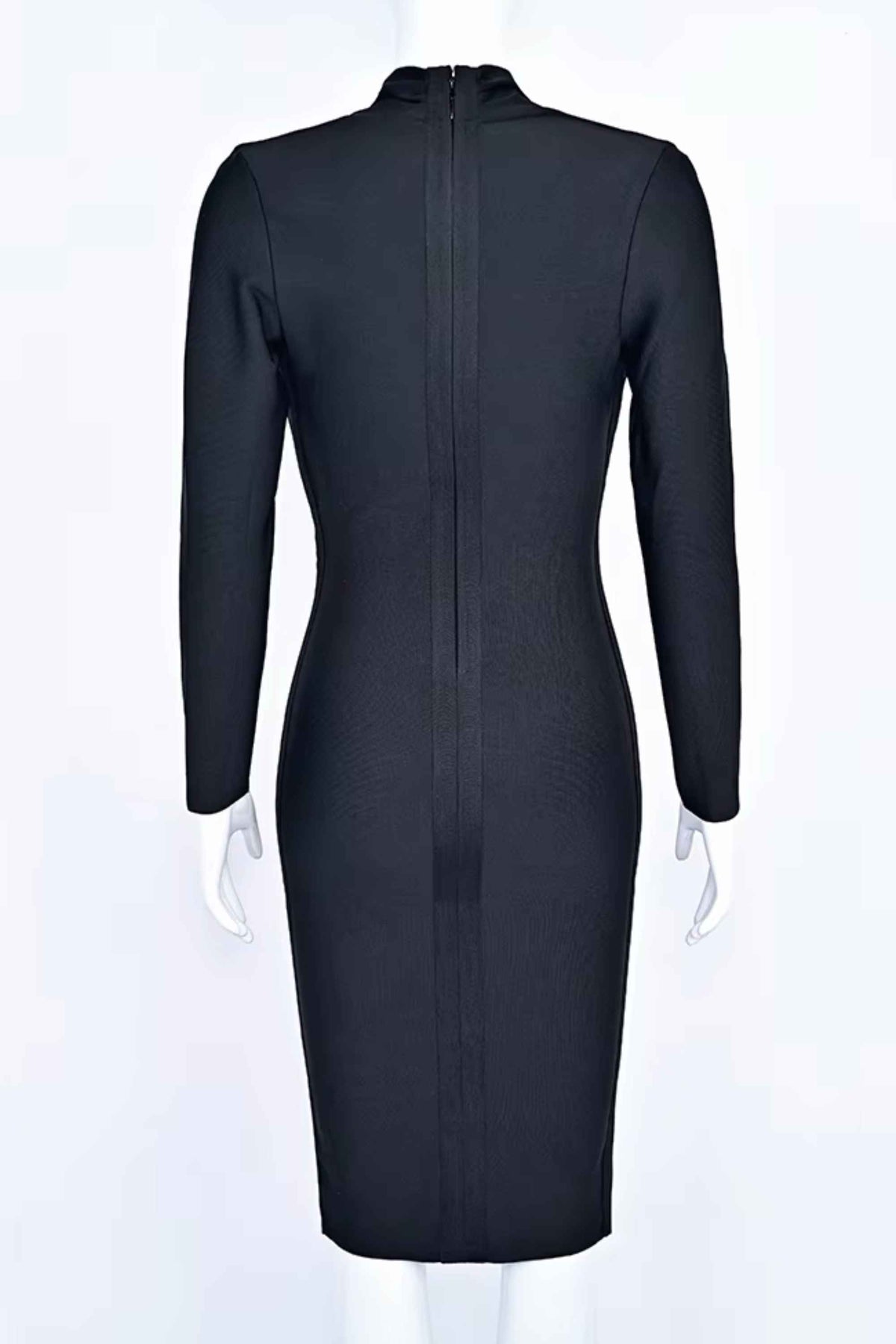 Woman wearing a figure flattering Blaire Long Sleeve Bandage Dress - Classic Black BODYCON COLLECTION