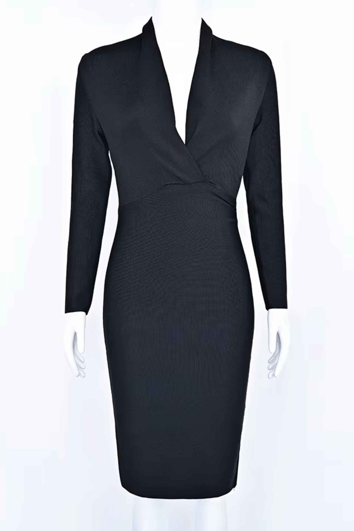 Woman wearing a figure flattering Blaire Long Sleeve Bandage Dress - Classic Black BODYCON COLLECTION