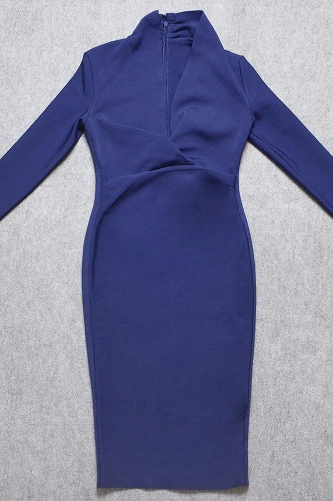 Woman wearing a figure flattering Blaire Long Sleeve Bandage Dress - Navy Blue BODYCON COLLECTION