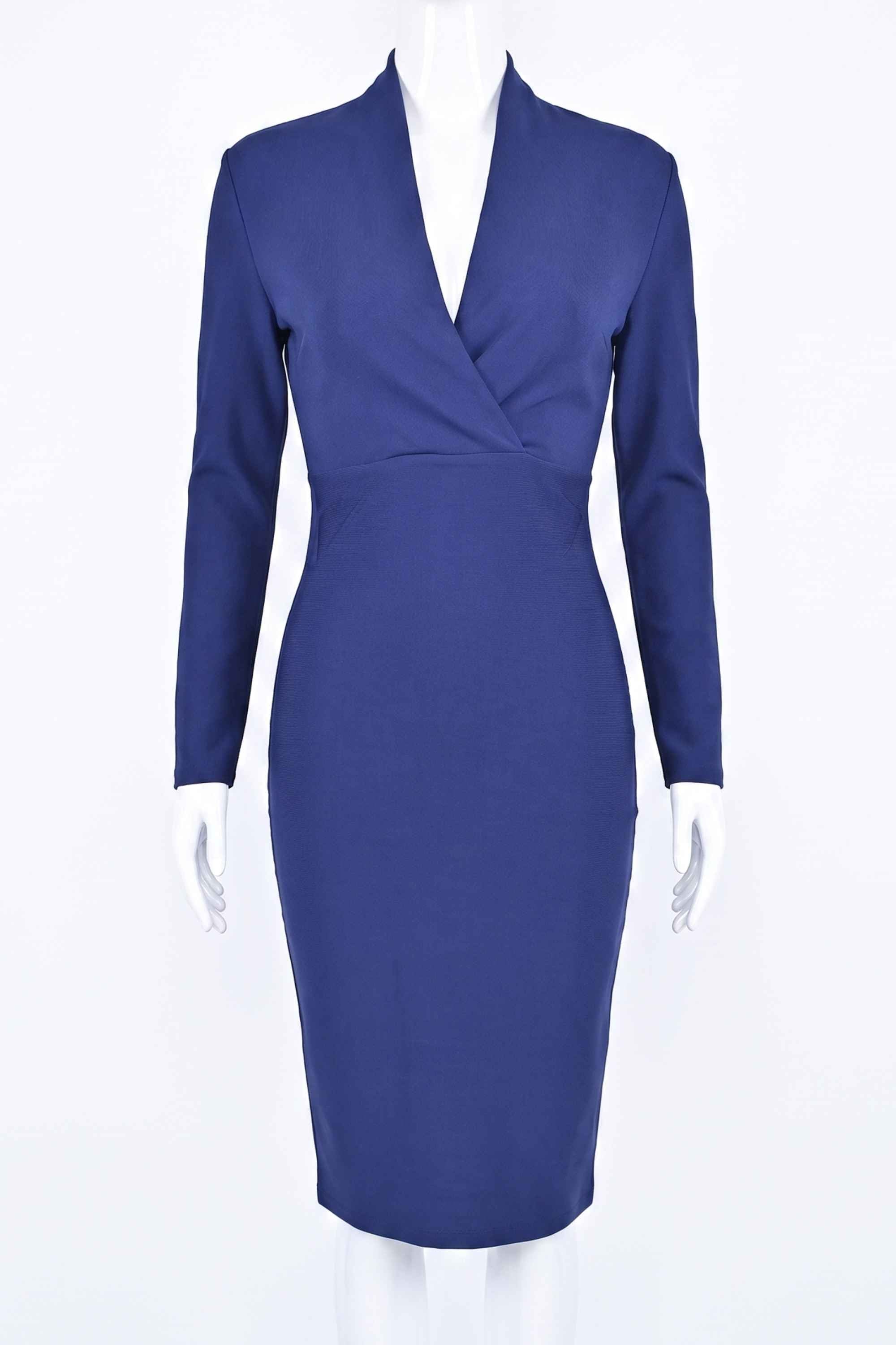 Woman wearing a figure flattering Blaire Long Sleeve Bandage Dress - Navy Blue BODYCON COLLECTION