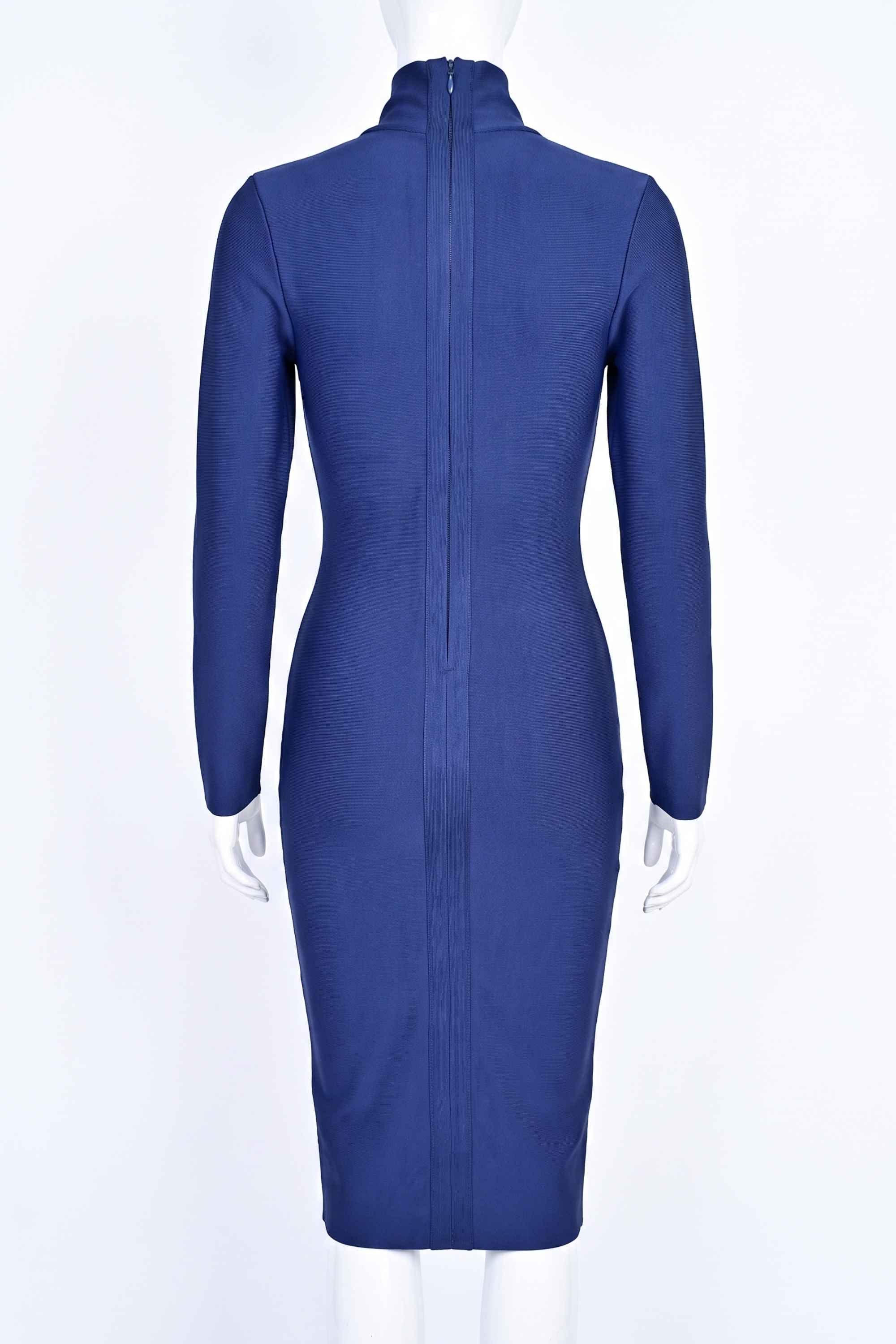 Woman wearing a figure flattering Blaire Long Sleeve Bandage Dress - Navy Blue BODYCON COLLECTION