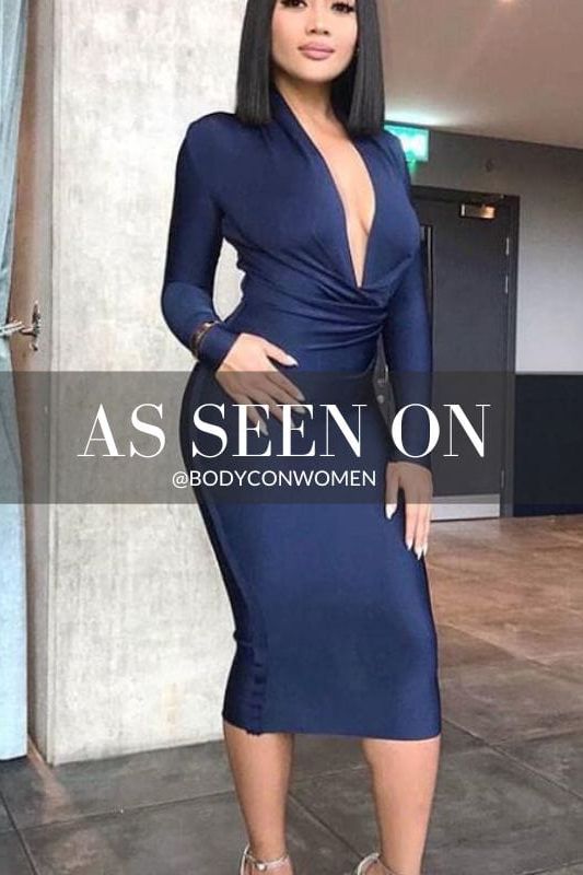 Woman wearing a figure flattering Blaire Long Sleeve Bandage Dress - Navy Blue BODYCON COLLECTION