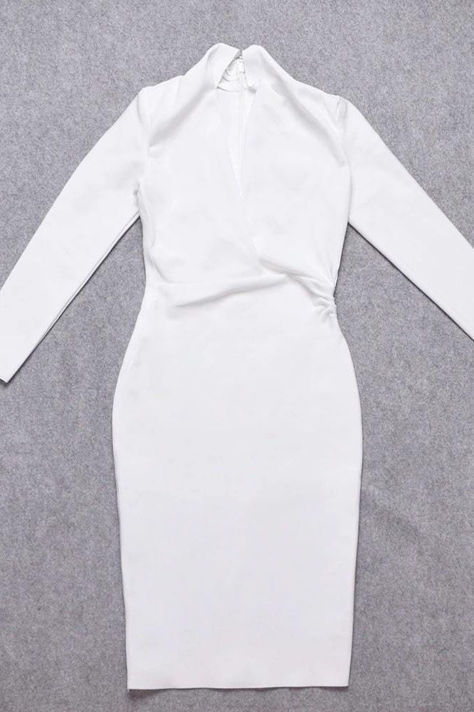 Woman wearing a figure flattering Blaire Long Sleeve Bandage Dress - Pearl White BODYCON COLLECTION