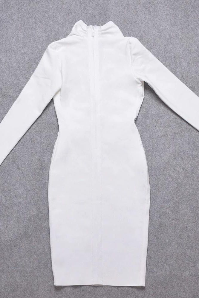 Woman wearing a figure flattering Blaire Long Sleeve Bandage Dress - Pearl White BODYCON COLLECTION