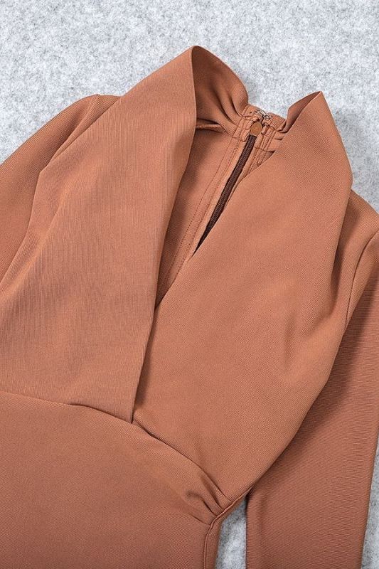 Woman wearing a figure flattering Blaire Long Sleeve Bandage Dress - Tan Brown BODYCON COLLECTION
