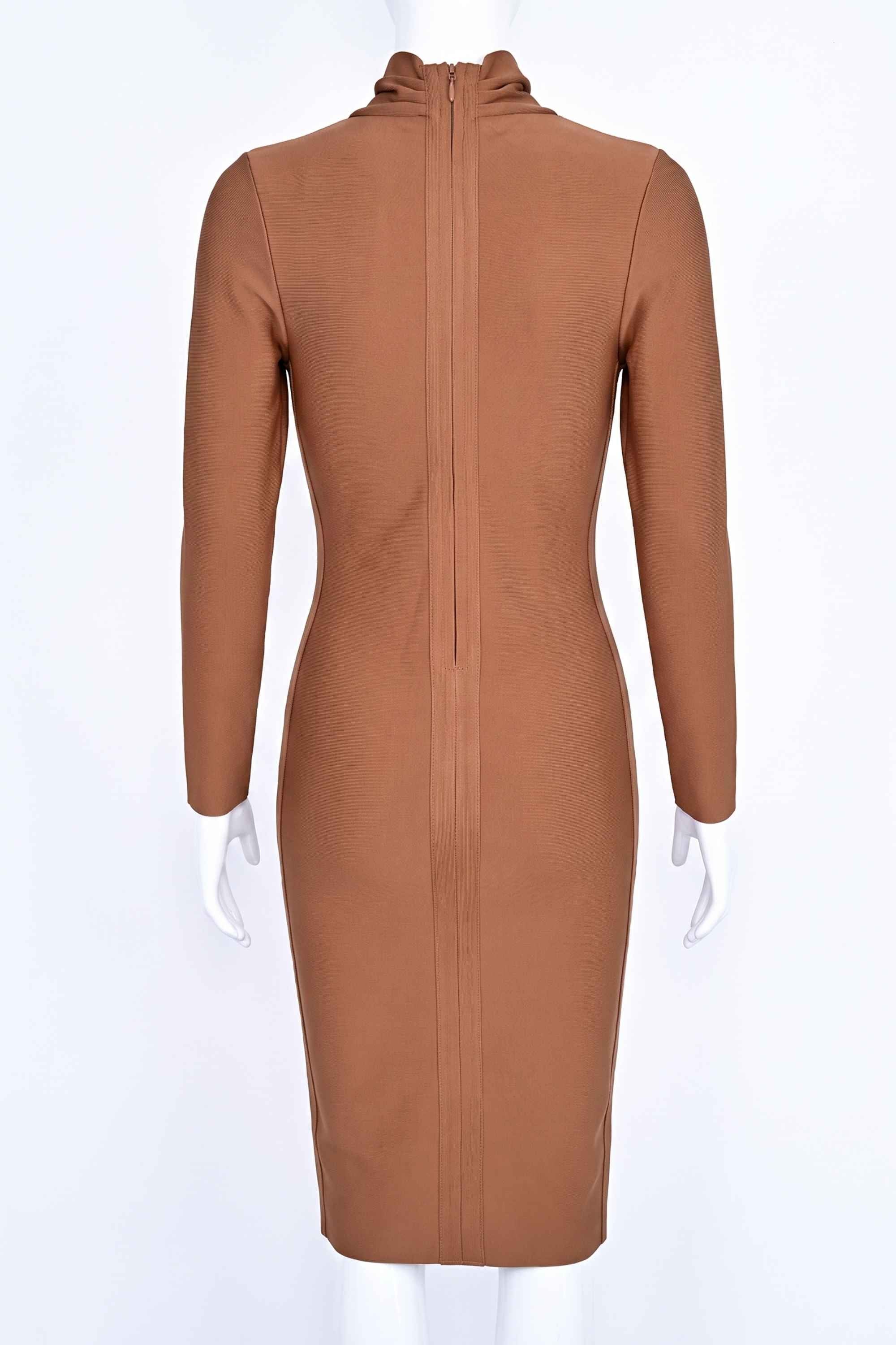 Woman wearing a figure flattering Blaire Long Sleeve Bandage Dress - Tan Brown BODYCON COLLECTION