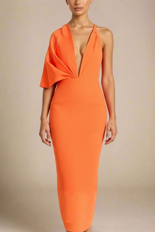Bodycon Collection Apricot Orange Maxi Bandage Dress for Women, V Neckline, One Shoulder Capped Sleeve, Polyester and Elastane, Size M
