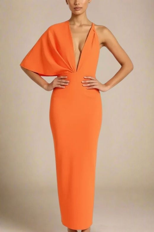 Woman wearing a figure flattering Blake Bandage Maxi Dress - Apricot Orange BODYCON COLLECTION