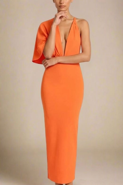 Woman wearing a figure flattering Blake Bandage Maxi Dress - Apricot Orange BODYCON COLLECTION