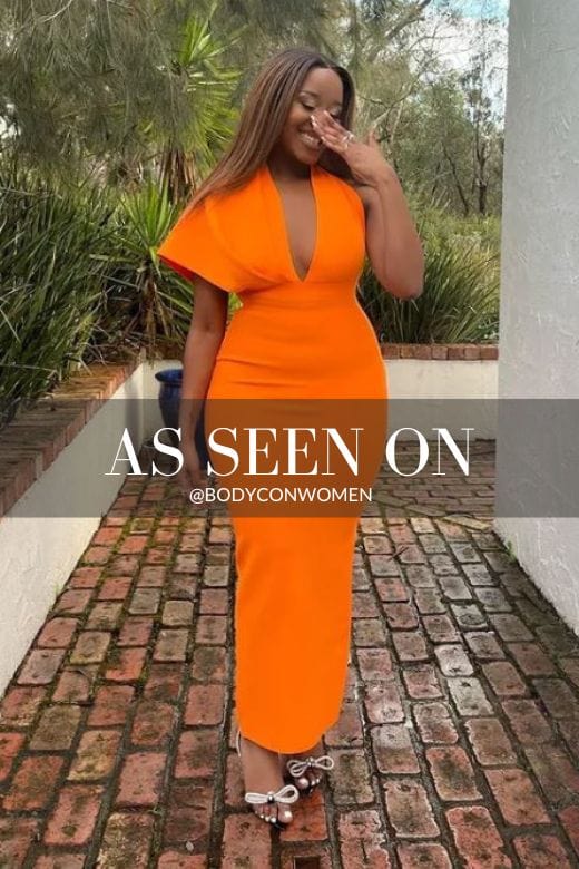 Woman wearing a figure flattering  Blake Bandage Maxi Dress - Apricot Orange BODYCON COLLECTION