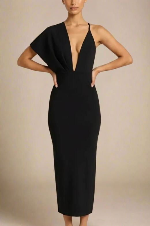 Woman wearing a figure flattering Blake Bandage Maxi Dress - Classic Black BODYCON COLLECTION