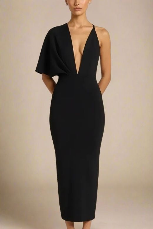 flattering black maxi dress BODYCON COLLECTION Classic Black Maxi Bandage Dress for Women, V Neckline, One Shoulder Capped Sleeve, Polyester and Elastane, Size L