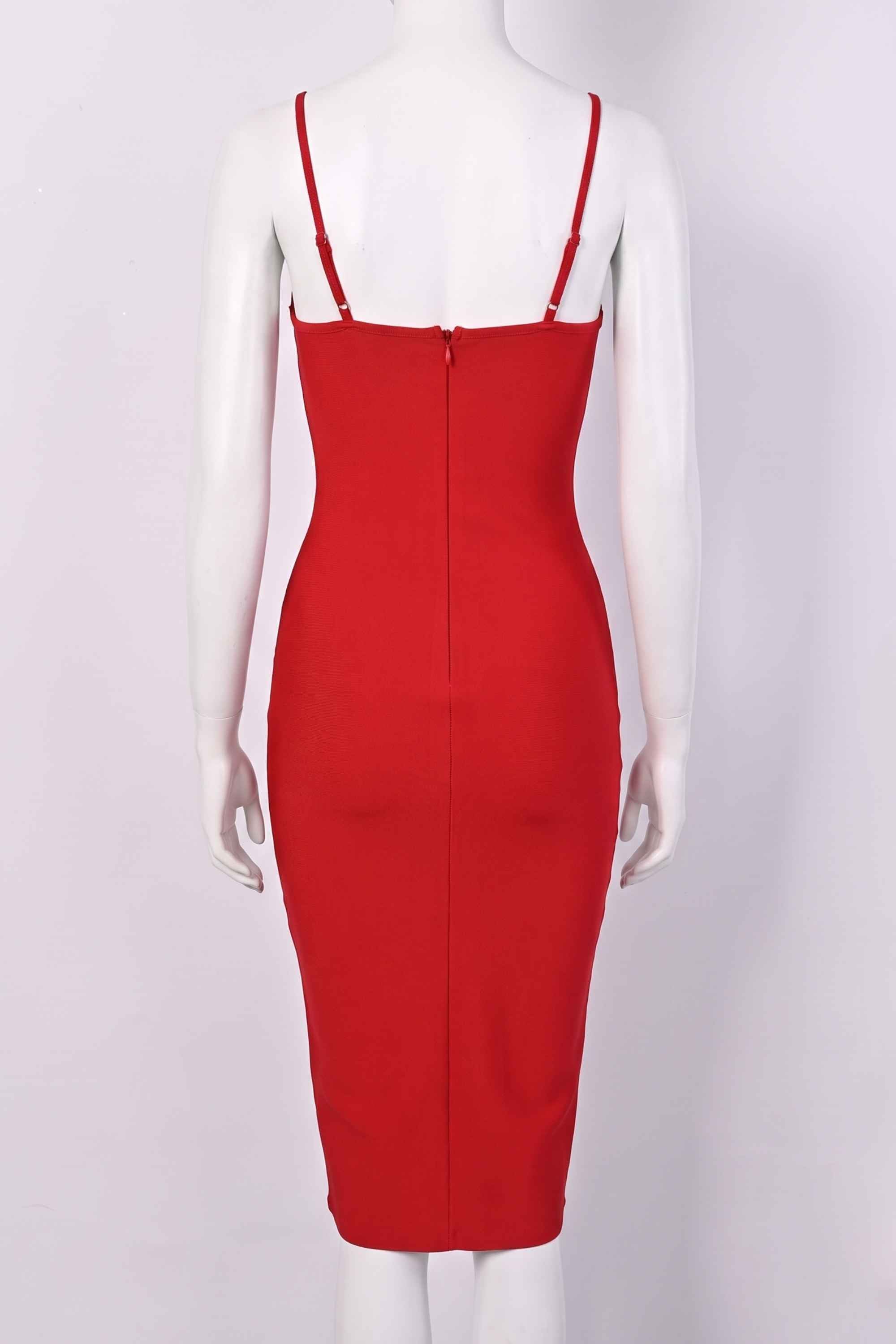 Woman wearing a figure flattering Blanche Bandage Midi Dress - Lipstick Red BODYCON COLLECTION
