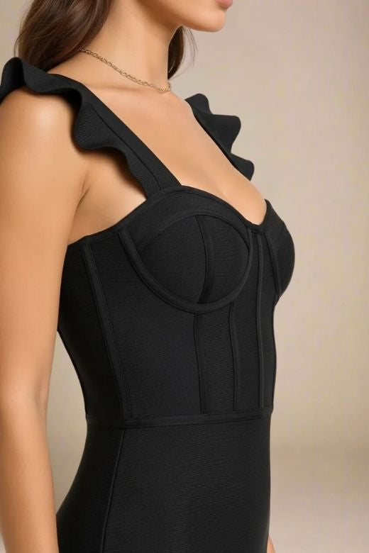 Woman wearing a figure flattering Bonnie Bandage Dress - Classic Black BODYCON COLLECTION Pty Ltd