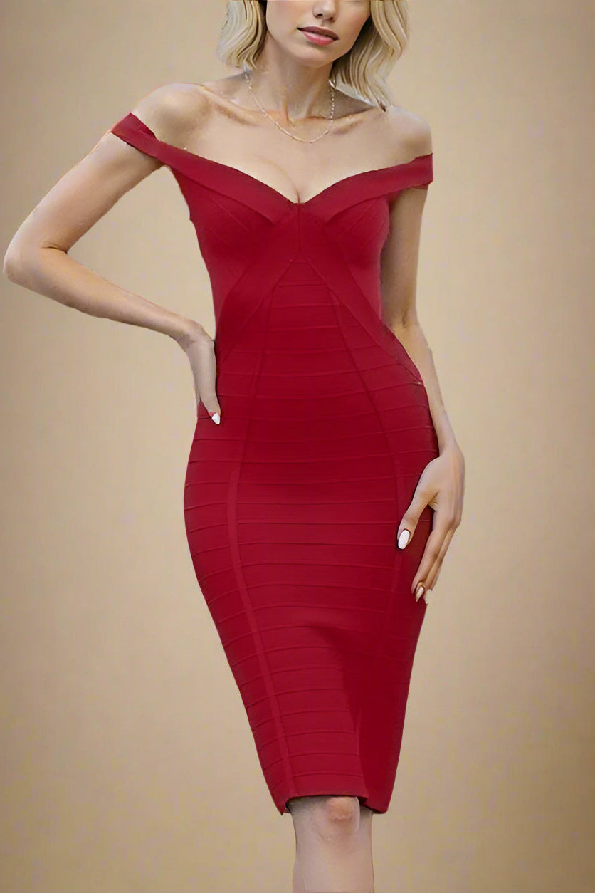 Woman wearing a figure flattering Breanna Bandage Dress - Chilli Red BODYCON COLLECTION