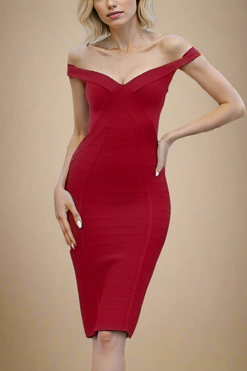 Woman wearing a figure flattering Breanna Bandage Dress - Chilli Red BODYCON COLLECTION