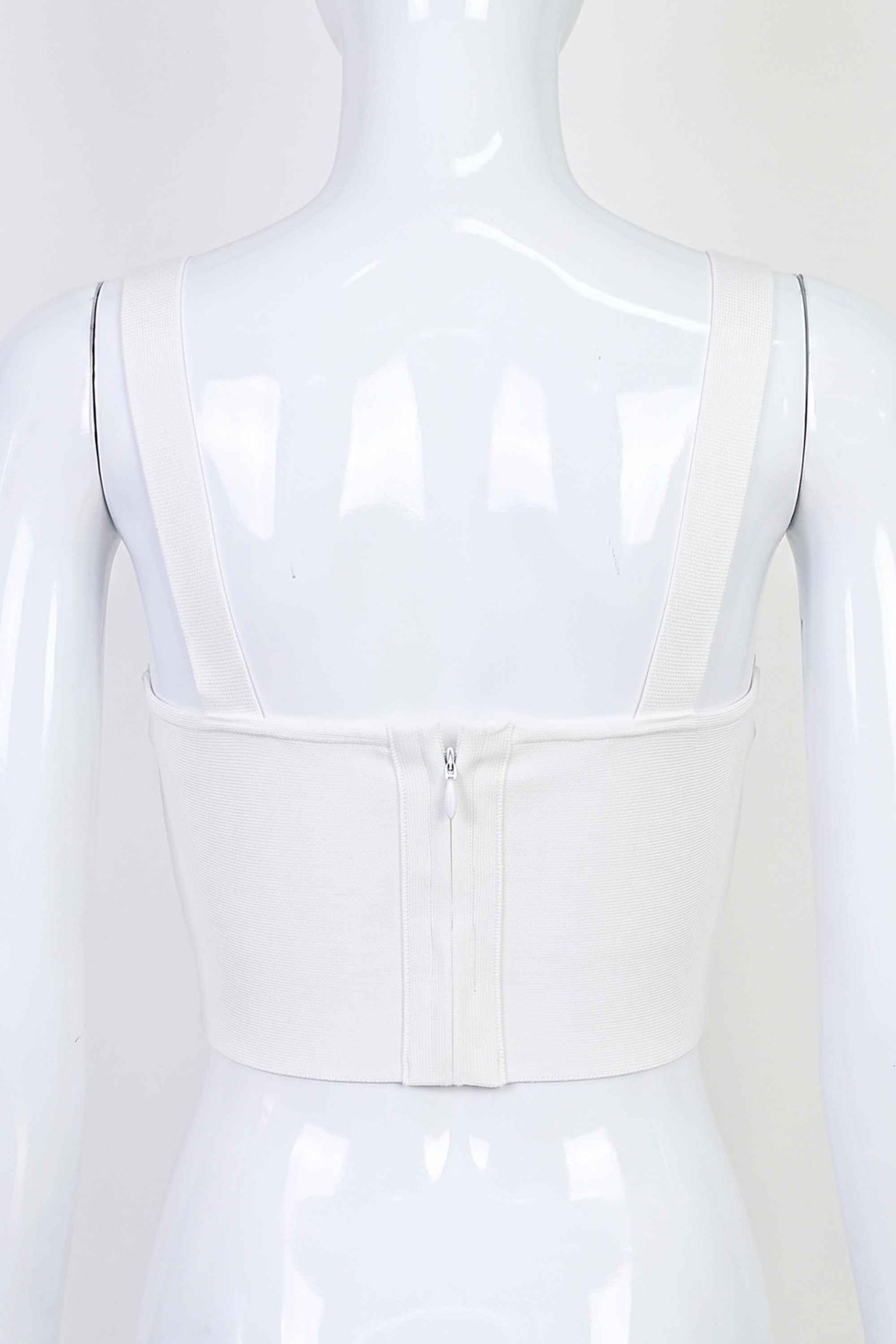 Woman wearing a figure flattering Brooke Bandage Crop Top - Pearl White BODYCON COLLECTION
