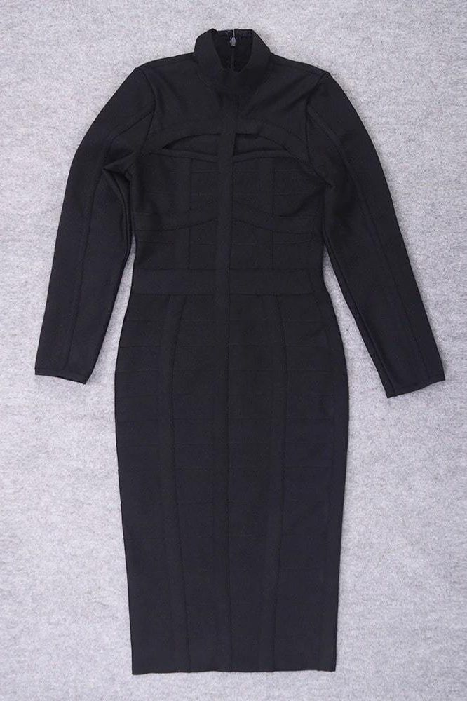 Woman wearing a figure flattering Brooke Long Sleeve Bandage Dress - Classic Black BODYCON COLLECTION