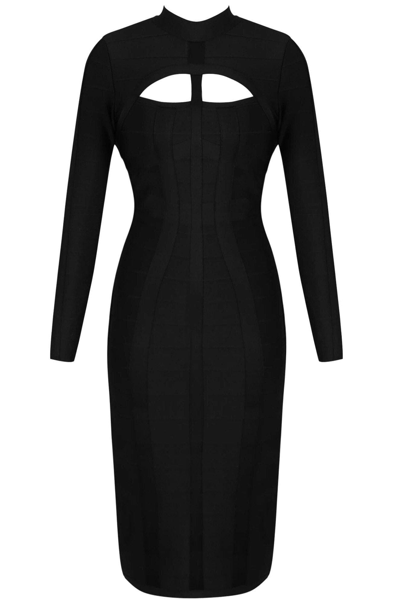 Woman wearing a figure flattering  Brooke Long Sleeve Bandage Dress - Classic Black BODYCON COLLECTION