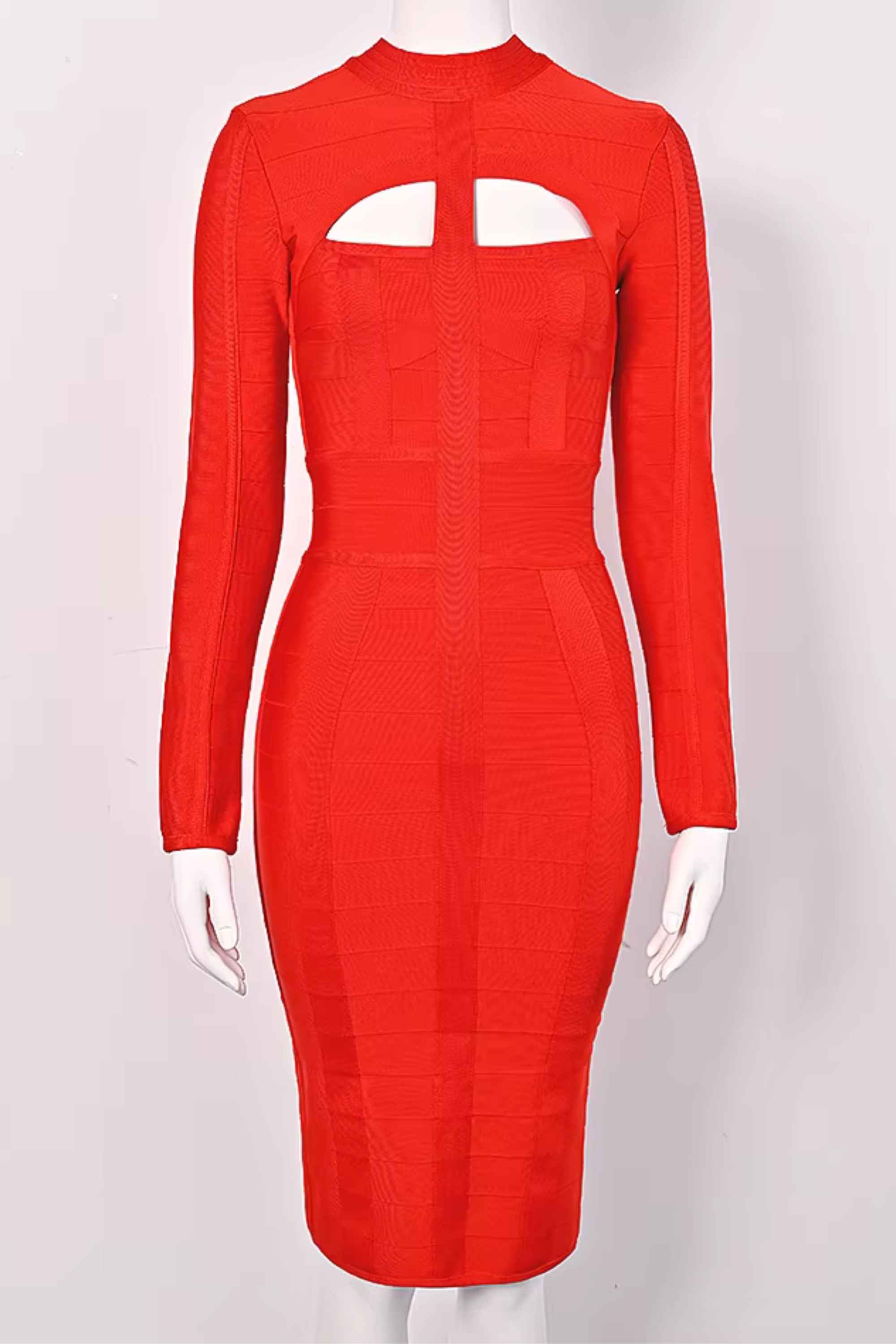 Woman wearing a figure flattering Brooke Long Sleeve Bandage Dress - Lipstick Red BODYCON COLLECTION