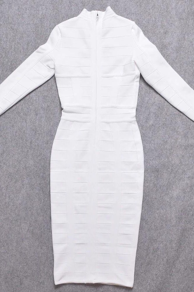 Woman wearing a figure flattering Brooke Long Sleeve Bandage Dress - Pearl White BODYCON COLLECTION