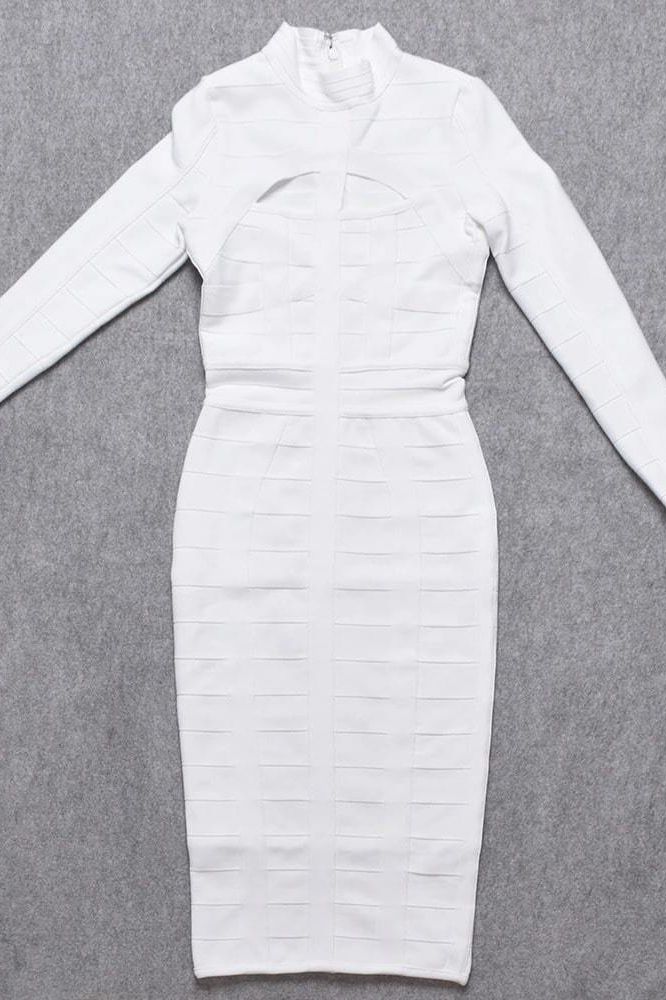 Woman wearing a figure flattering Brooke Long Sleeve Bandage Dress - Pearl White BODYCON COLLECTION
